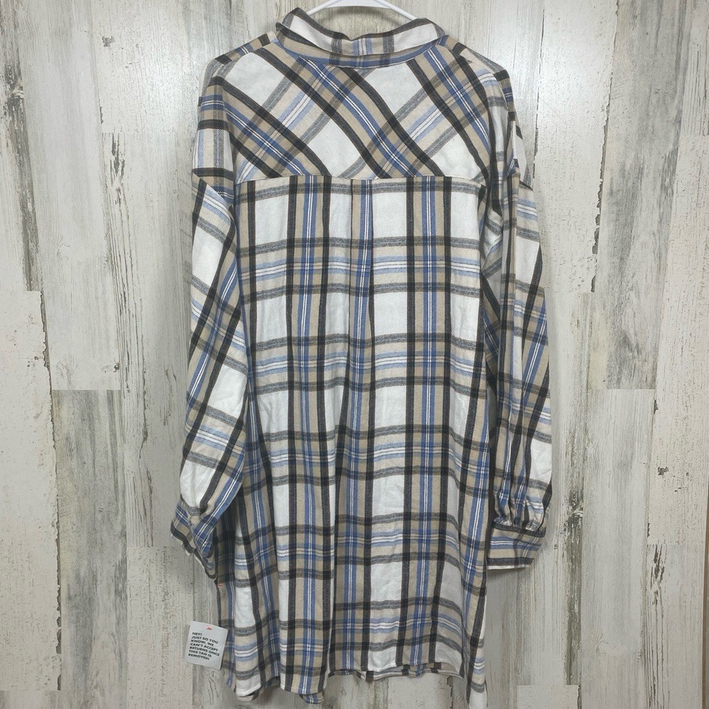 ASOS Curve Oversized Mini Shirt Dress sz 16 NWT Cream Plaid Flannel Long Sleeve - Picture 9 of 9